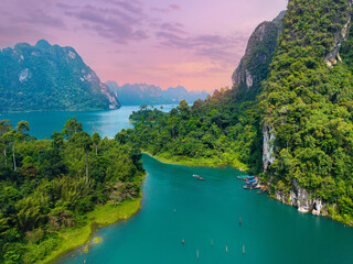 Aerial view of lush greenery and lakes in khao sok national park, thailand