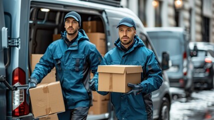 Two delivery men in blue jackets carry cardboard boxes from a van on a city street in winter.