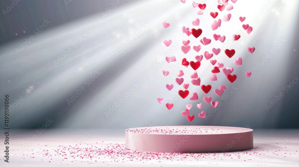 Poster a whimsical display of pink hearts cascading from above onto a circular platform, illuminated by sof