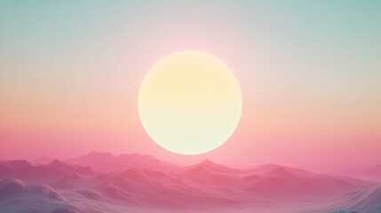 Fototapeta premium A serene sunset with a large sun above pastel-colored desert dunes