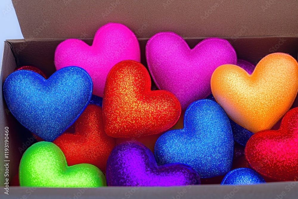 Poster a colorful assortment of glittering hearts in various shapes, nestled together in a cardboard box, c