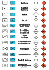 a set of images of military tactical signs of NATO countries, indicating types of artillery units, for application on tactical maps and military scenes