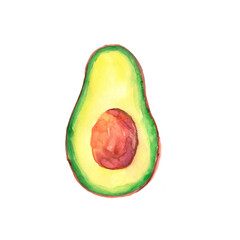 A detailed watercolor illustration of a ripe avocado cut in half, showcasing its vibrant green flesh and brown seed