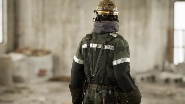 A worker stands in an unfinished construction site, wearing safety gear and focusing on upcoming tasks. The space shows signs of ongoing work and materials scattered around.