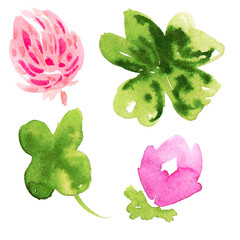 Watercolor four-leaf clover with flowers