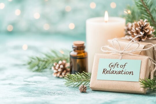 A â€œGift of Relaxationâ€ voucher, with spa candles and essential oils in the background, promoting a special wellness package