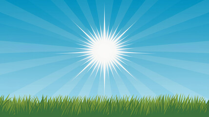 Bright Sunlight Radiating Over Green Grass on a Sunny Day Illustration