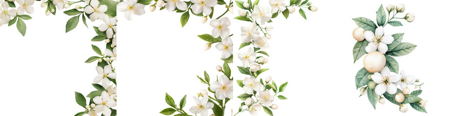Fototapeta premium Elegant Arrangement of Jasmine Flowers Showcasing Delicate White Blooms and Lush Green Leaves in a Serene Composition Ideal for Floral Design Projects