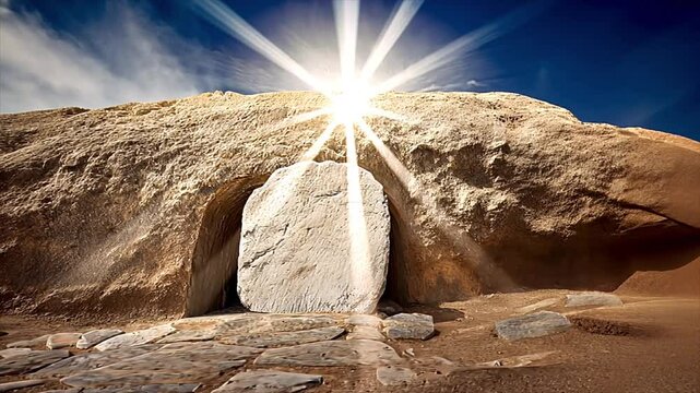 Easter and the Resurrection of Jesus Christ. The stone rolled away from the entrance of empty tomb with sunlight bursting through. Slow motion animation