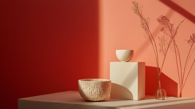 Minimalist decor with red accents and geometric shapes