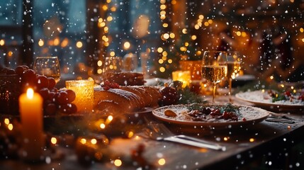 Cozy Christmas Eve dinner table with snow falling, candles, food, wine, and warm lighting.