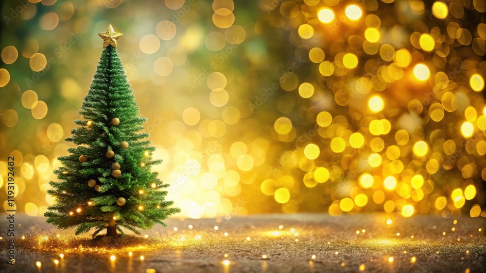 Poster a miniature evergreen tree adorned with golden ornaments and twinkling lights, set against a shimmer