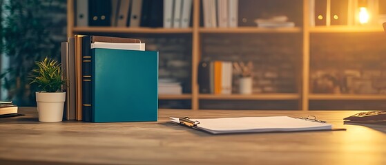 A modern workspace featuring a desk, plant, folders, and a warm glow from a lamp, perfect for productivity.