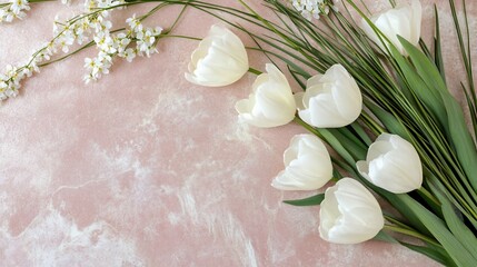 Flatlay of white tulips and delicate flowers on pink marble.