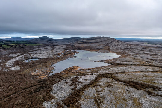 Aerial view of Mullaghmore with a seasonal lake in the foreground, Burren National Park