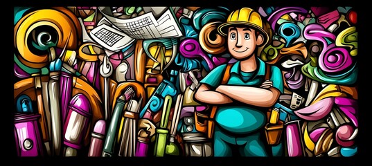 Obraz premium Cartoon worker surrounded by tools and supplies.