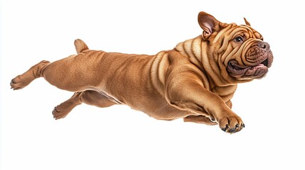 A brown dog leaps through the air, paws extended, against a white background.