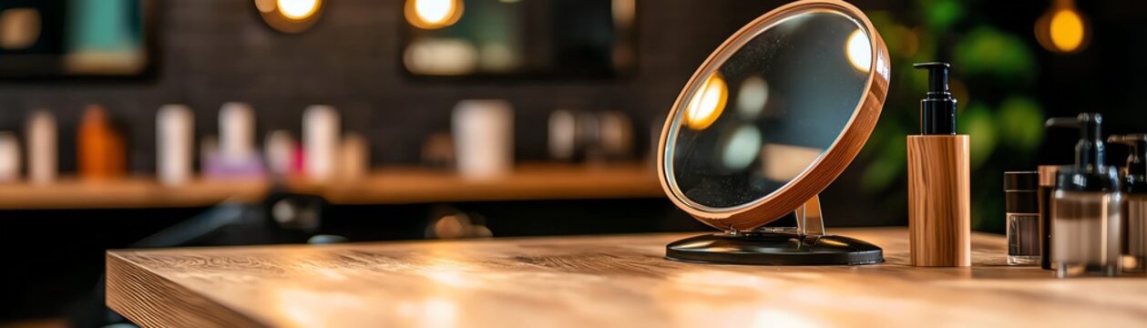 A modern vanity table showcasing beauty mirrors and skincare products in a stylish interior setting.