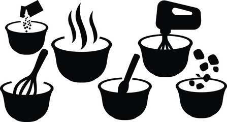 Set of kinds of drinks,Hot soup bowl silhouette,Winter warm beverages 