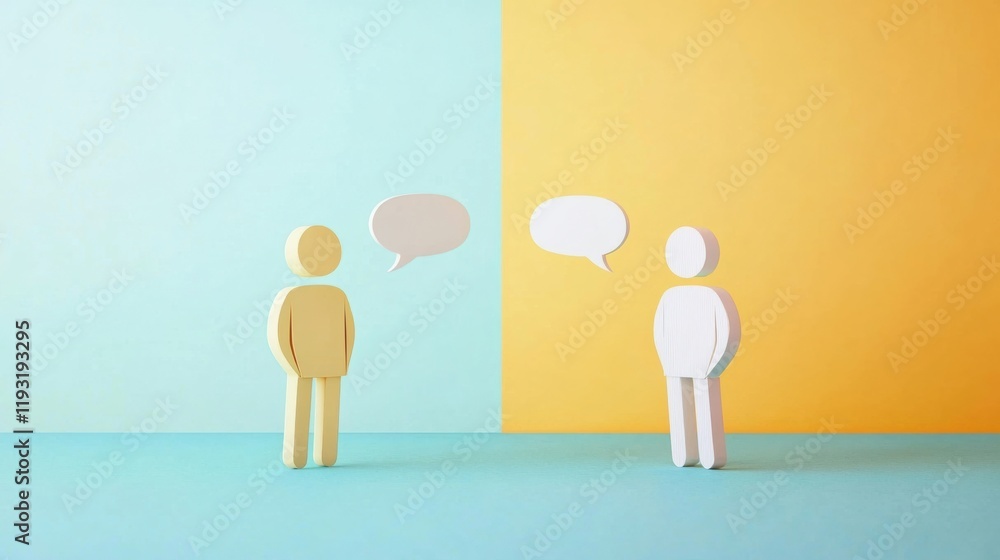 Poster two minimalist figures communicate on a vibrant background, showcasing conversation and interaction 