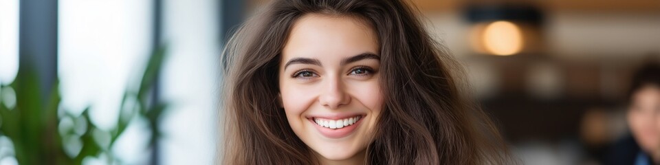 A woman with curly hair is smiling and looking at the camera. She is wearing a black shirt and a white shirt