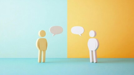 Two minimalist figures communicate on a vibrant background, showcasing conversation and interaction in a creative way.