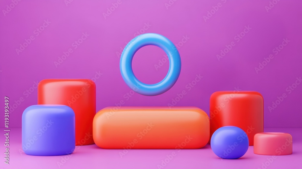 Poster vibrant shapes in various colors create a playful and modern composition against a purple backdrop.