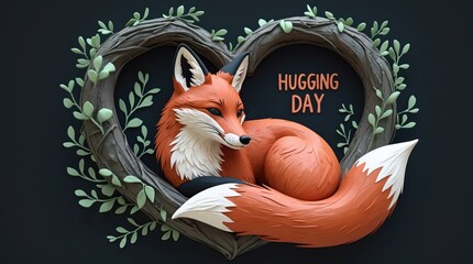 Hugging day celebration with a playful fox creative artwork heart-shaped arrangement cozy atmosphere