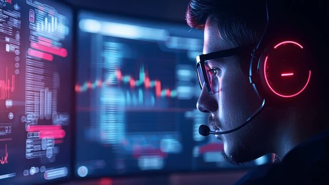 Focused gamer wearing headset with glowing lights and data screens.
