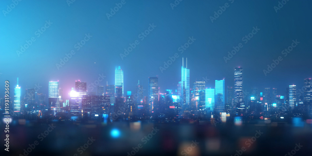 Poster wide angle view of bustling urban skyline at night, featuring illuminated skyscrapers and vibrant ci