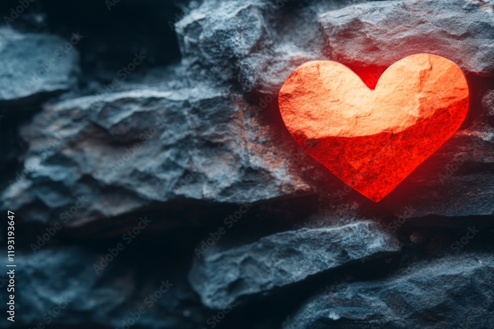 Poster a dark and moody scene of a heart carved into a stone wall, with faint red light glowing from within