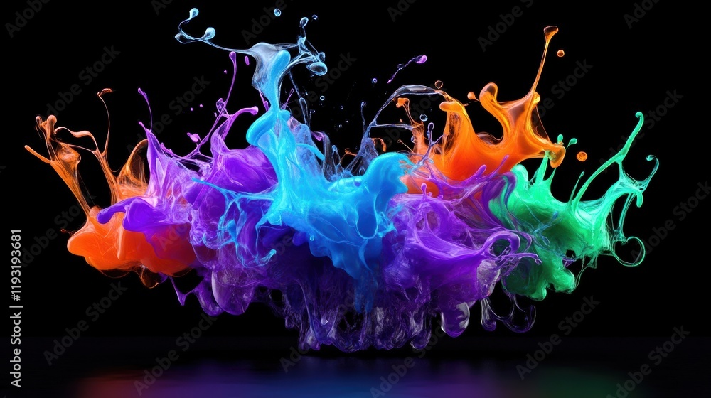 Poster vibrant splash of colorful paint creating dynamic visual effects against a dark background.