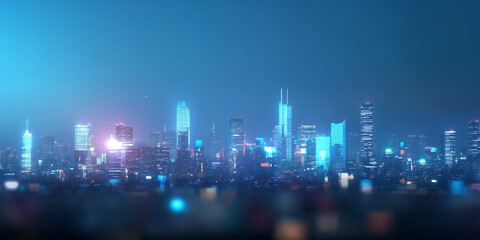 wide angle view of bustling urban skyline at night, featuring illuminated skyscrapers and vibrant cityscape under clear sky. city lights create dynamic and lively atmosphere