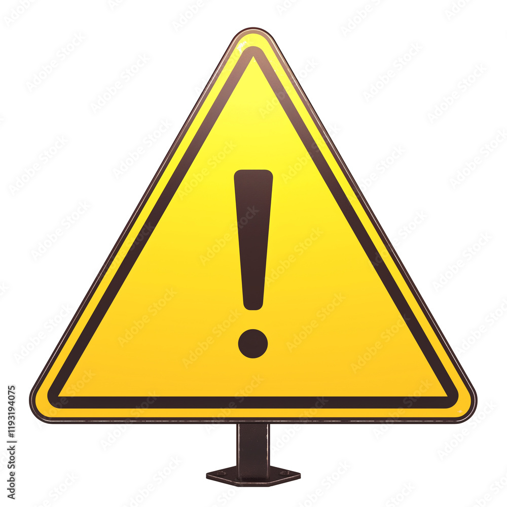 Poster yellow warning sign with glossy finish and exclamation mark is isolated on transparency background, 