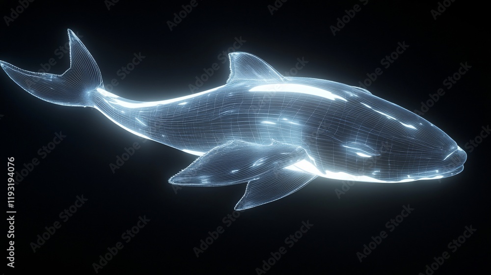 Poster wireframe rendering of a shark, glowing in the dark.