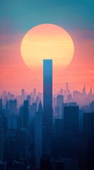 illustration of a city in a romantic sunset with the sun in the background with copy space vertically 9:16