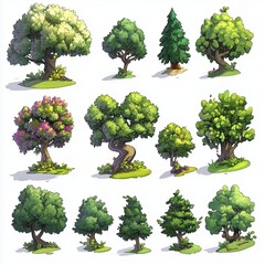 Set of vector illustrations, a collection of cartoon green trees on a white background.