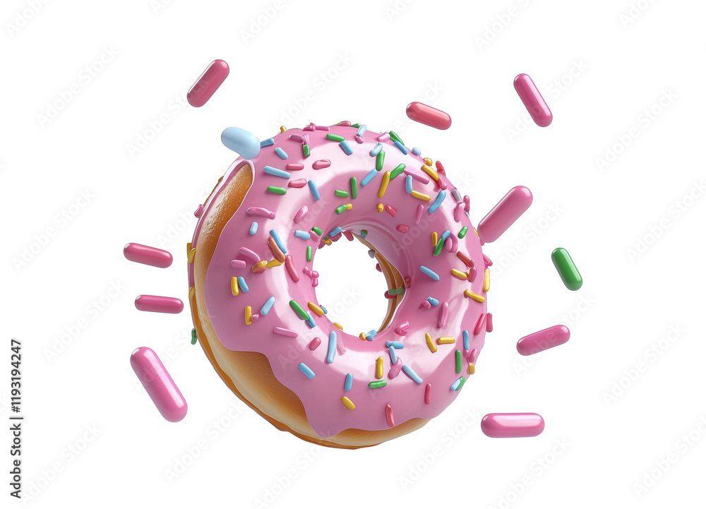 Aufkleber 3D cartoon doughnut with pink icing and colorful sprinkles is isolated transparency background, creating playful and vibrant image. doughnut appears to be floating, surrounded by scattered