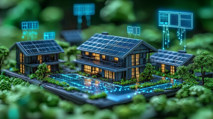 Obraz premium Sustainable Living: A miniature model of a smart home with solar panels, connected devices, and digital representations of energy flow, sits amidst lush greenery.