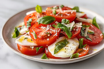 A classic Caprese salad featuring sliced tomatoes, fresh mozzarella, and basil leaves, drizzled with olive oil and sprinkled with parmesan cheese on a white plate.
