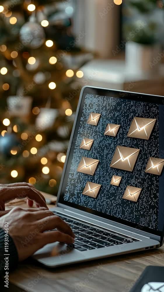 Poster hands typing on a laptop displaying email notifications with christmas decorations in the background