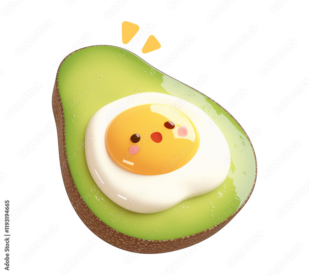 Poster cute cartoon avocado toast with smiling egg on top, isolated on transparency background, showcasing 