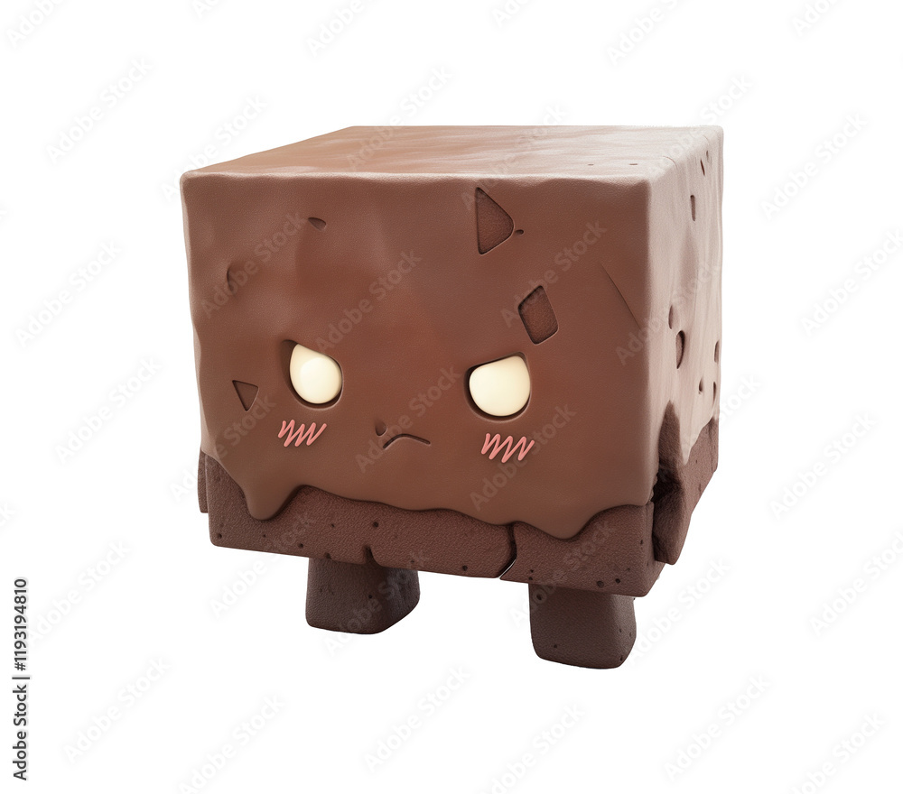 Poster cute 3D cartoon brownie character with angry expression stands isolated on transparency background, featuring square shape and chocolate texture