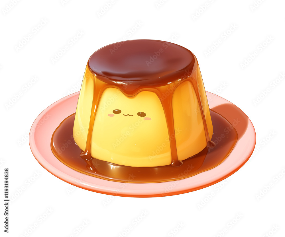 Poster cute cartoon caramel pudding with smiling face sits on pink plate, isolated on transparency backgrou