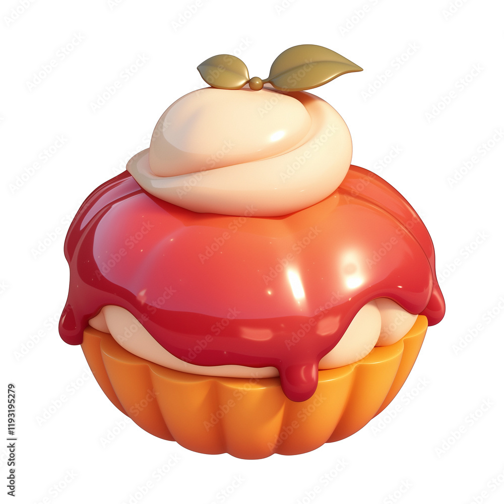 Poster cute 3d cartoon fig tart with glossy red glaze and cream topping, isolated on transparency backgroun