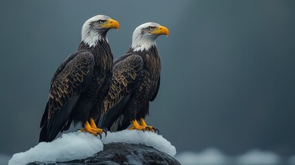Two majestic bald eagles perched on a snowy rock, overlooking a misty water.