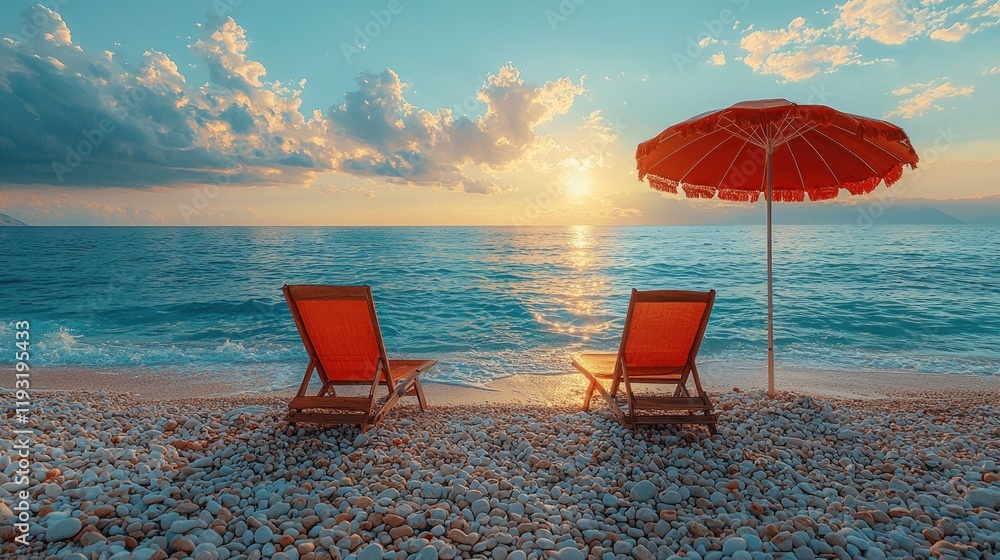 Wall mural Beach chairs at sunset.