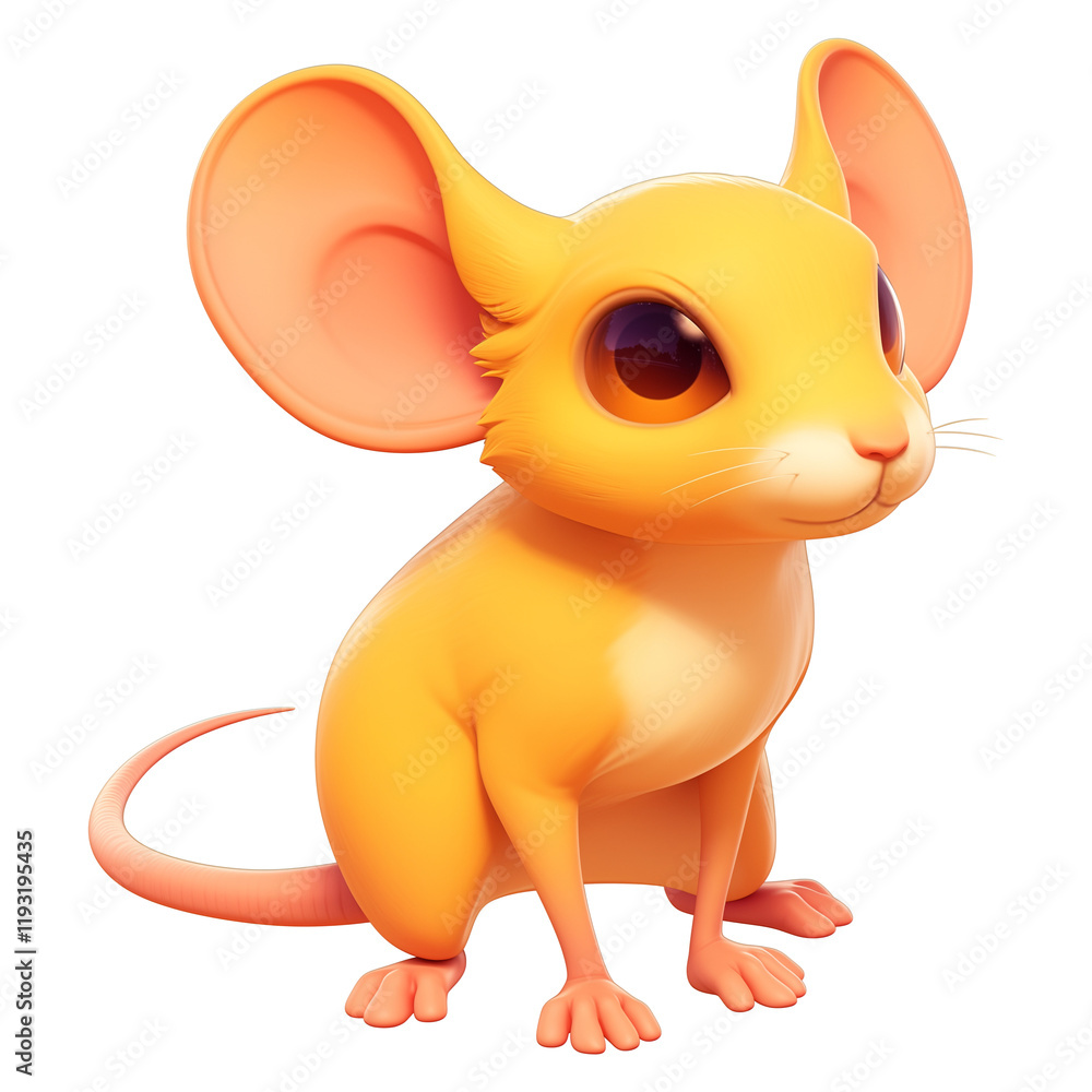 Poster cute cartoon mouse with large ears and vibrant orange color sits isolated on transparency background
