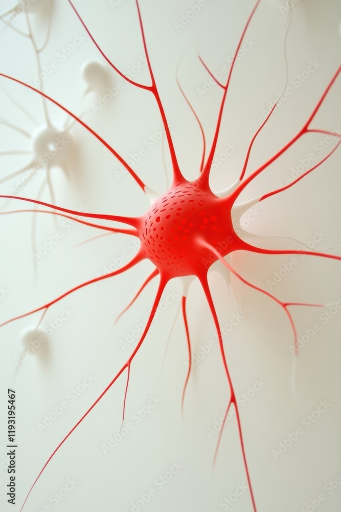 Poster abstract view of a neuron, showcasing intricate structures in vibrant red against a soft background,