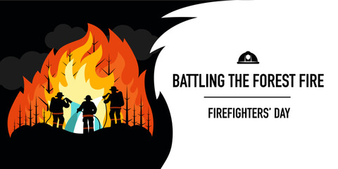 Silhouettes of Firefighters Battling a Forest Fire with Water Jets, Conceptual Illustration, banner
